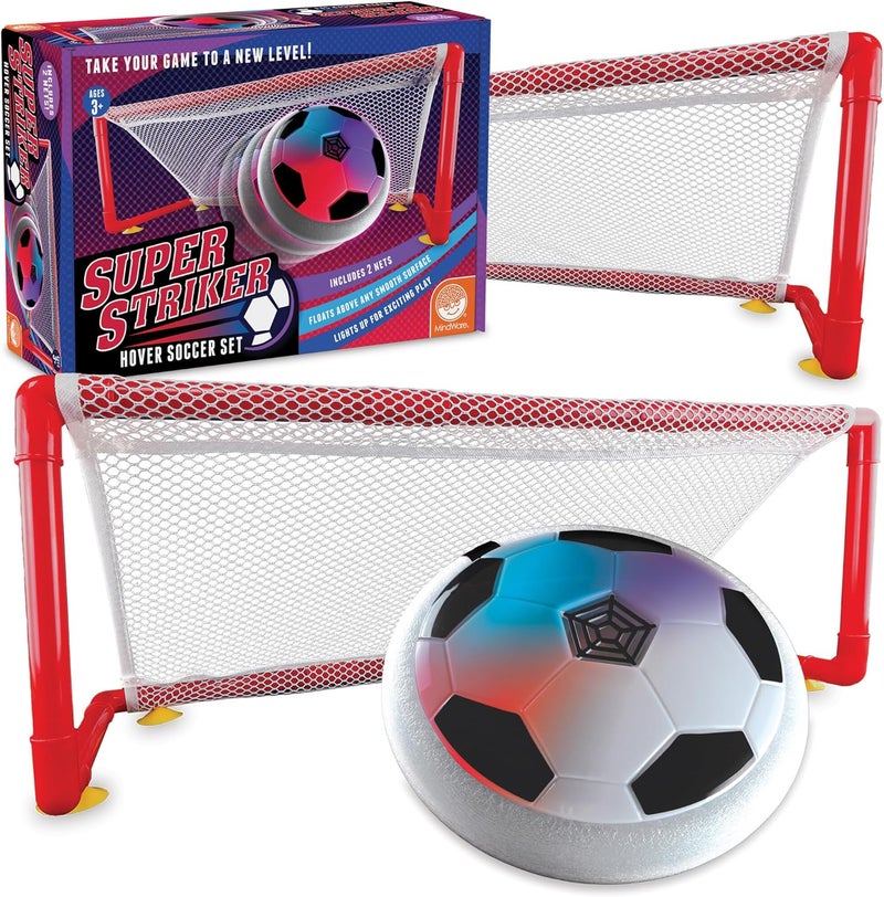 Mindware Super Striker Hover Soccer Ball Set - Indoor Soccer for Kids Ages 3 and Up - Flashing LED Lights - USB Charger - Includes 2 Sturdy Nets for 1 or 2-Player Indoor Games for Kids 8-12 - Image 1